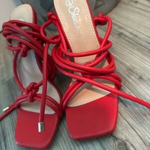 Red Lace-Up Square Toe High Heels